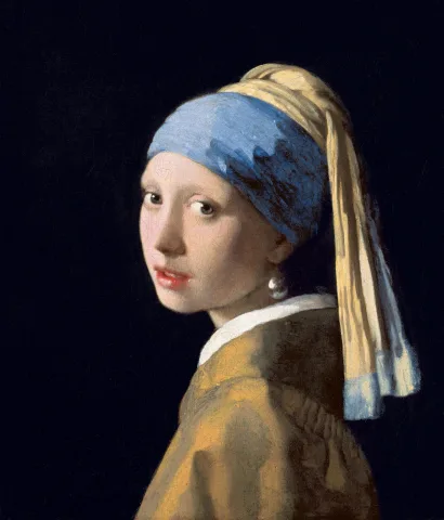 横を振り向く少女を描いたフェルメールの絵。頭の布には明るい青と暗い青がある
